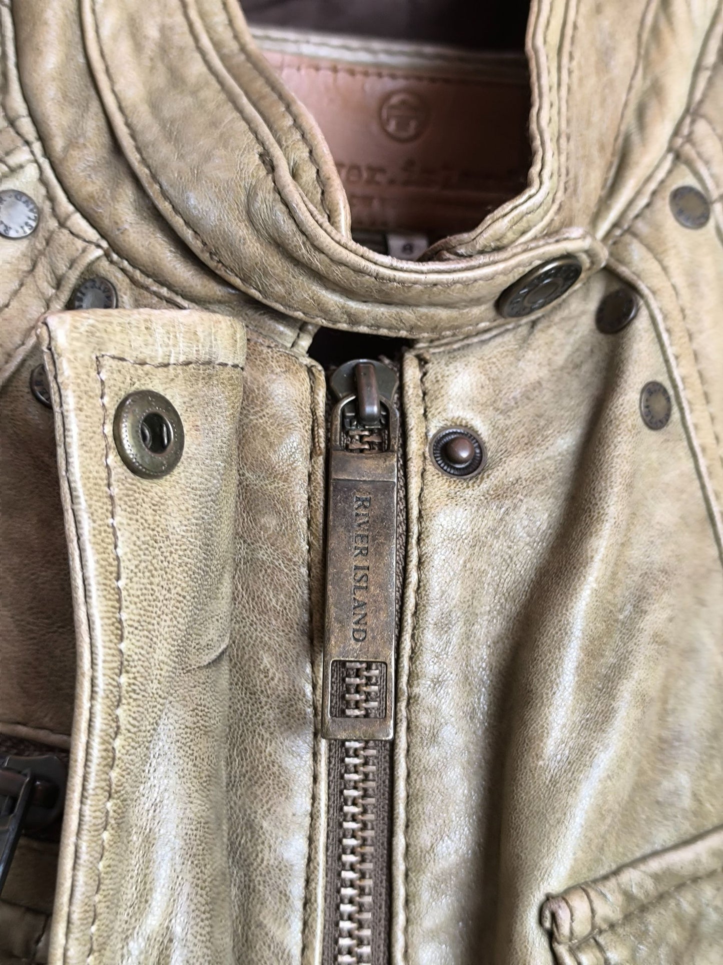River Island Y2K Real Leather Biker Jacket – Beige Distressed – UK 8 / EU 34 /Small