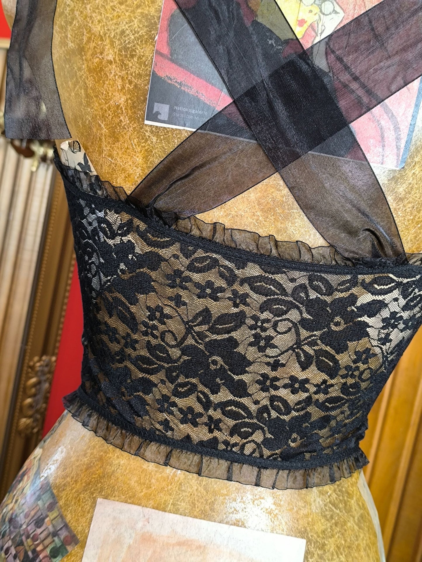 Y2K Black Sheer Lace Corset Top with Ribbon Straps