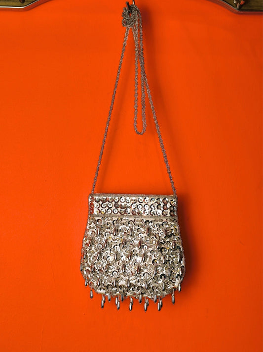 Vintage 1980s–1990s silver beaded evening bag