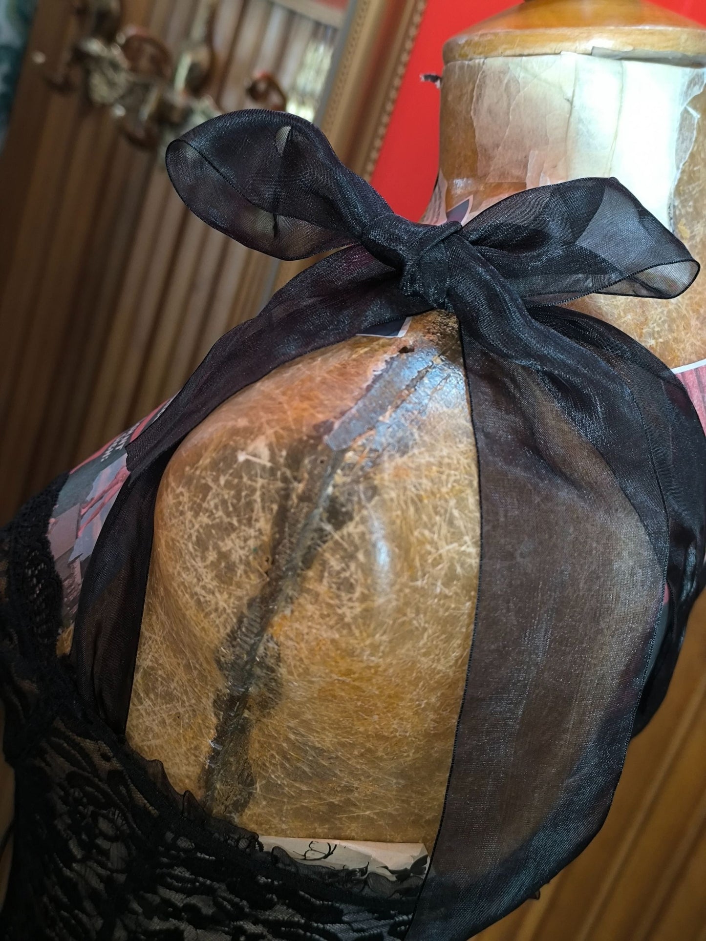 Y2K Black Sheer Lace Corset Top with Ribbon Straps