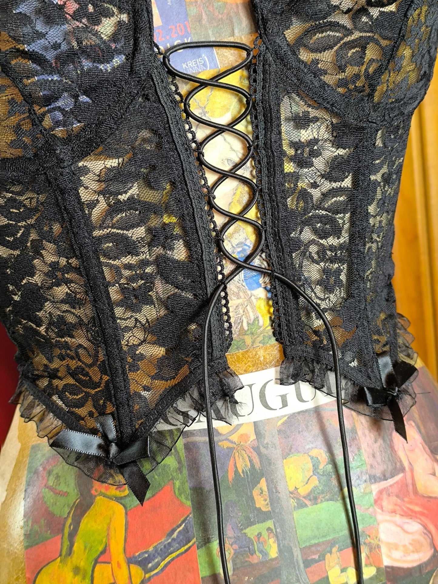 Y2K Black Sheer Lace Corset Top with Ribbon Straps