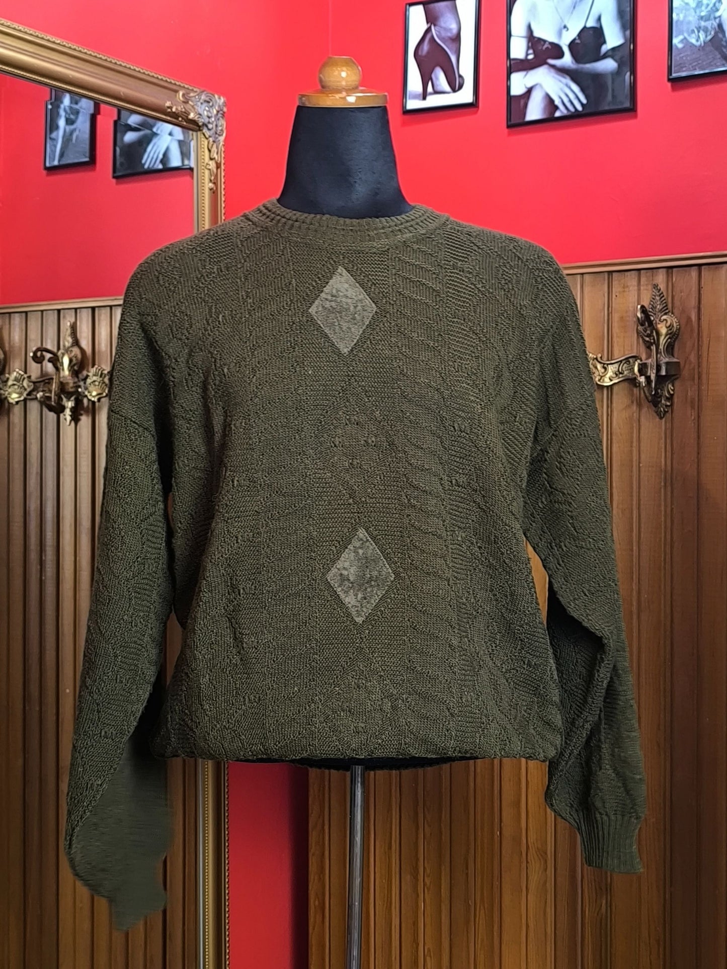 Vintage Italian Wool Blend Sweater – Olive Green Geometric Knit