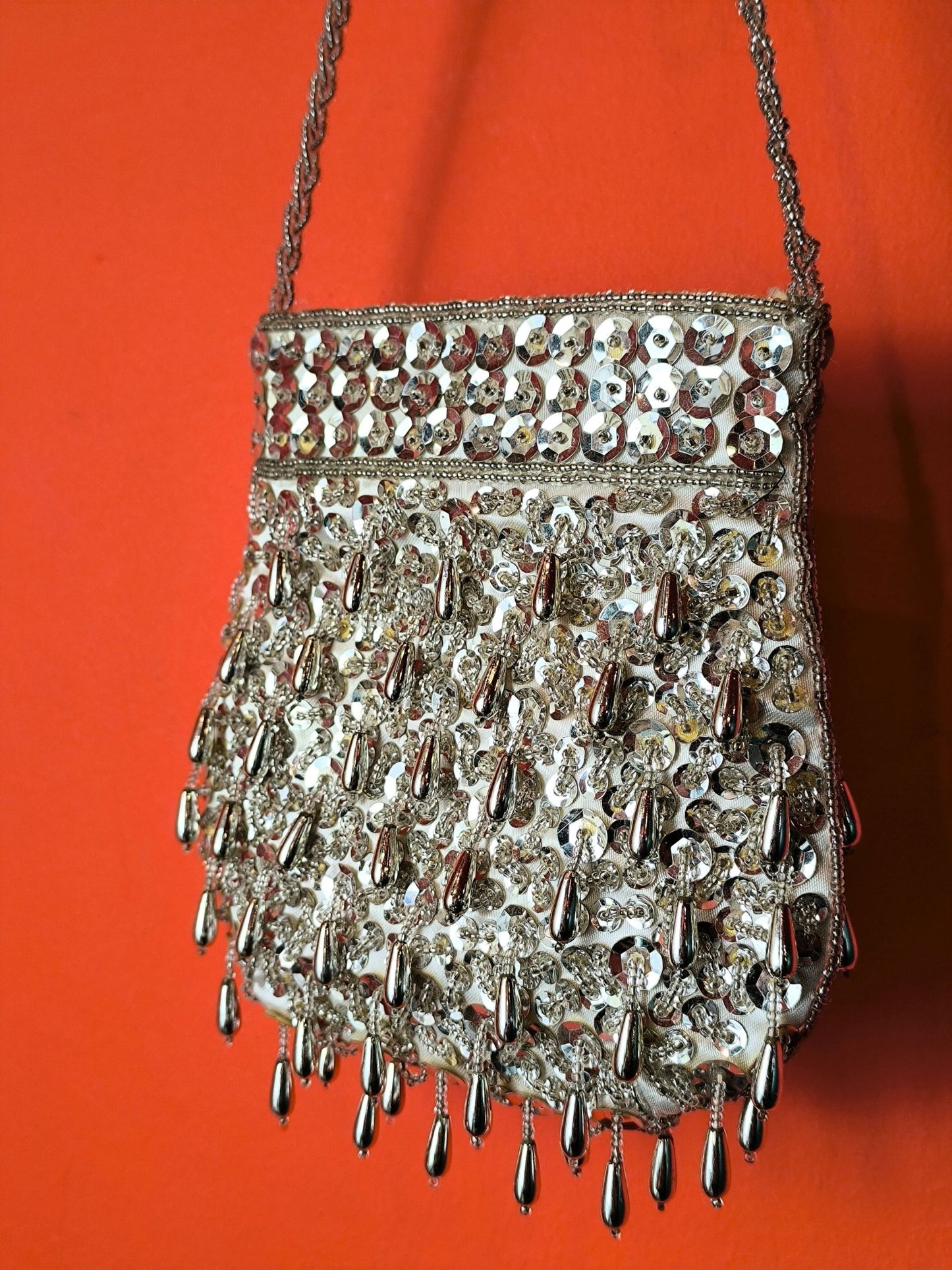 Vintage 1980s–1990s silver beaded evening bag