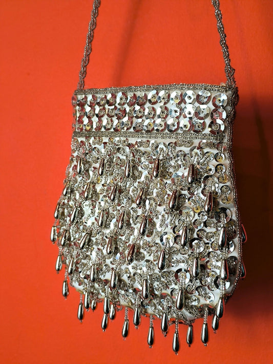 Vintage 1980s–1990s silver beaded evening bag