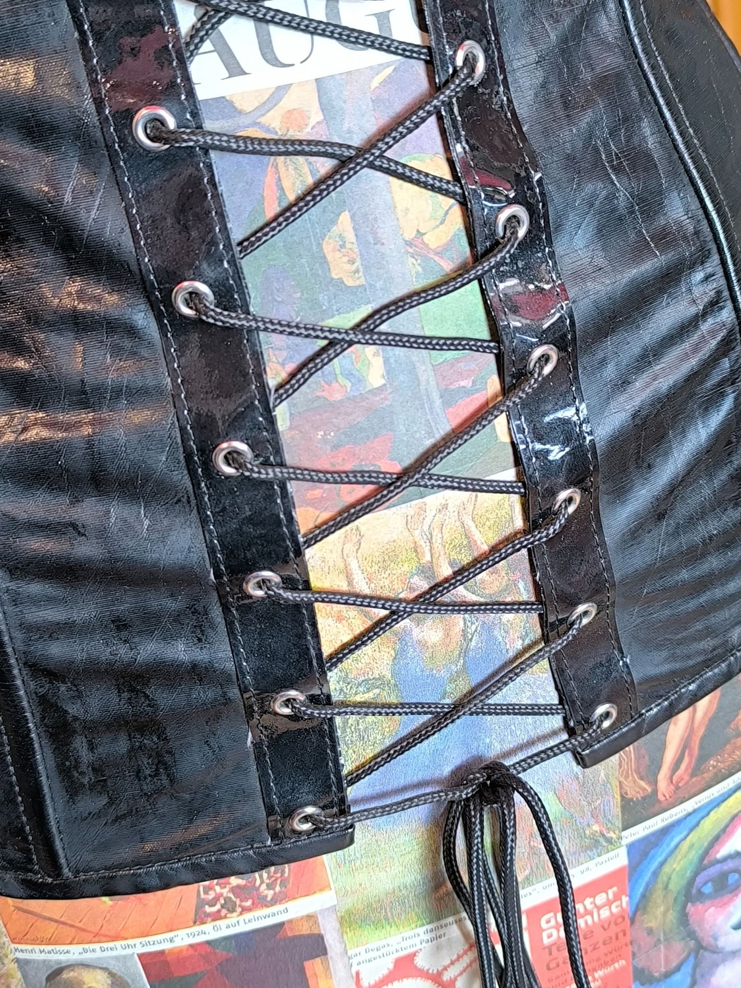 Y2K Black Level Corset Top — PVC & Mesh Lace-Up Design