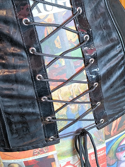 Y2K Black Level Corset Top — PVC & Mesh Lace-Up Design