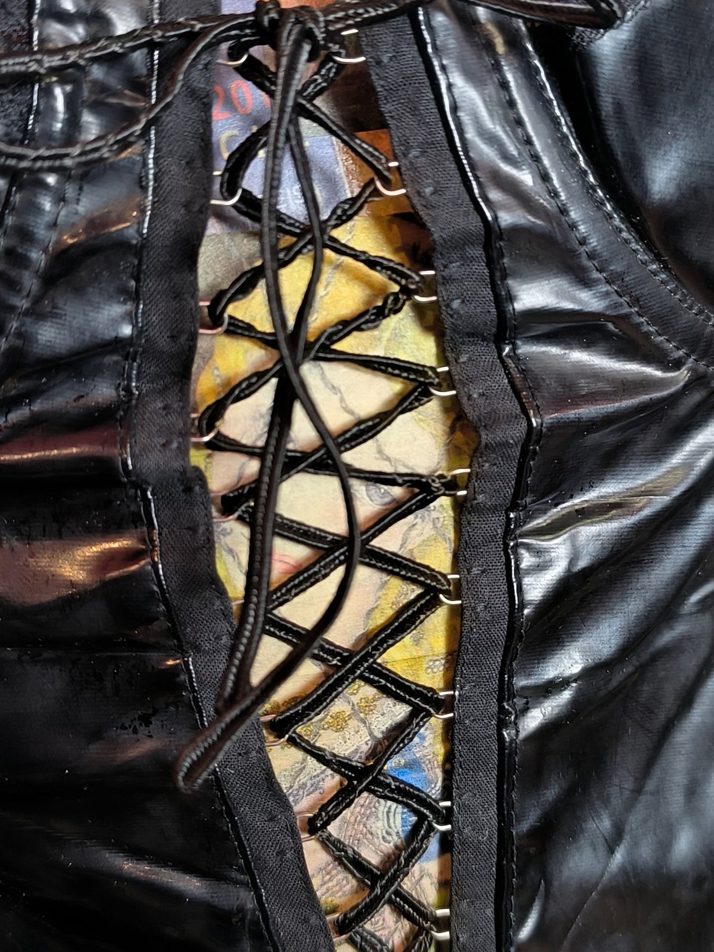 Early 2000s Hanky Panky Black PVC Lace-Up Corset Top