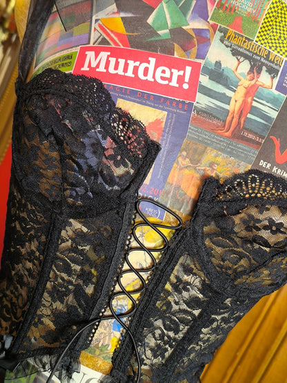 Y2K Black Sheer Lace Corset Top with Ribbon Straps
