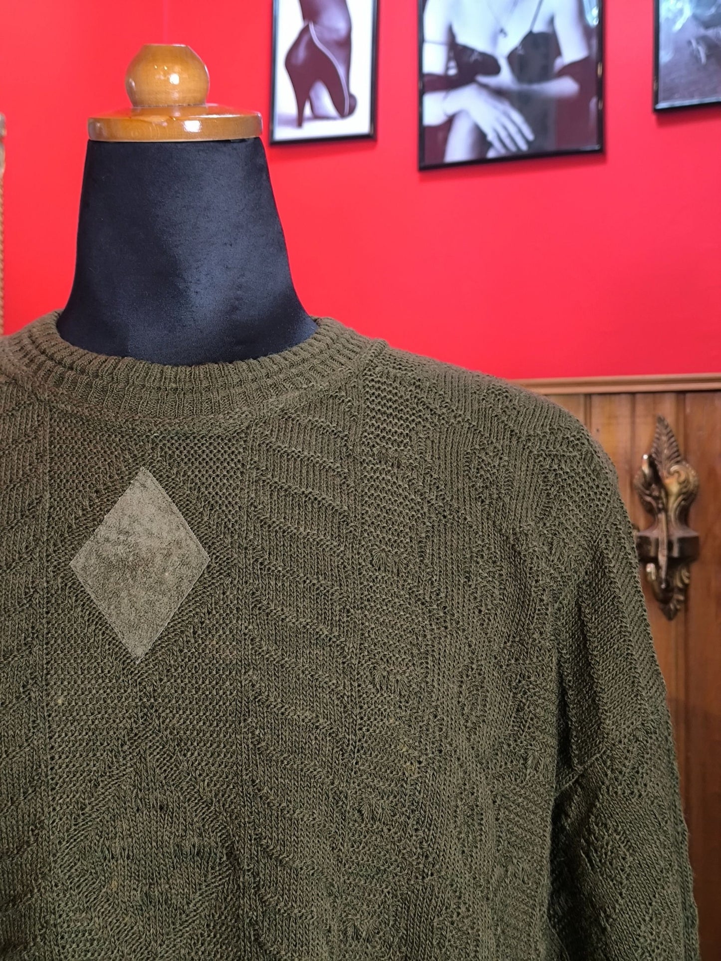 Vintage Italian Wool Blend Sweater – Olive Green Geometric Knit