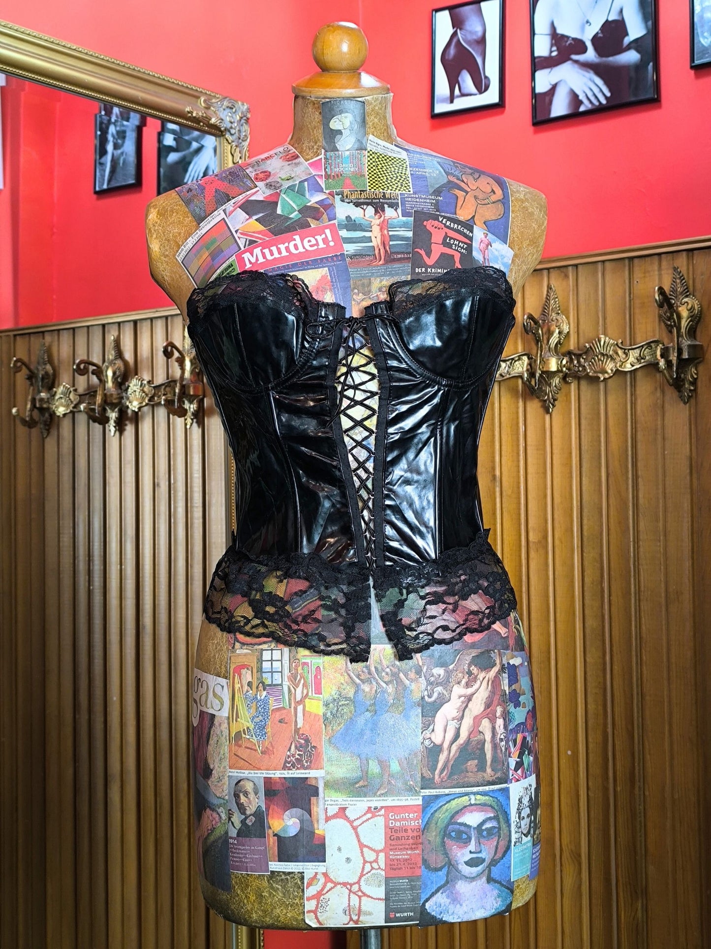 Early 2000s Hanky Panky Black PVC Lace-Up Corset Top