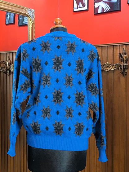 Vintage Blue Wool Blend Sweater with Star Pattern