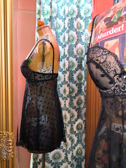 Y2K Bras N Things Sheer Polka Dot Babydoll Lingerie with Lace Detail