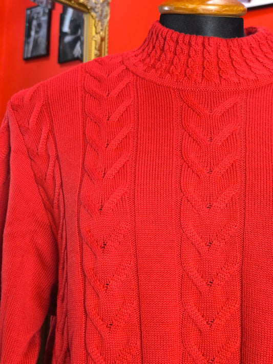 Vintage Red Cable Knit Sweater by Eggi Casciá – Merino Wool Blend