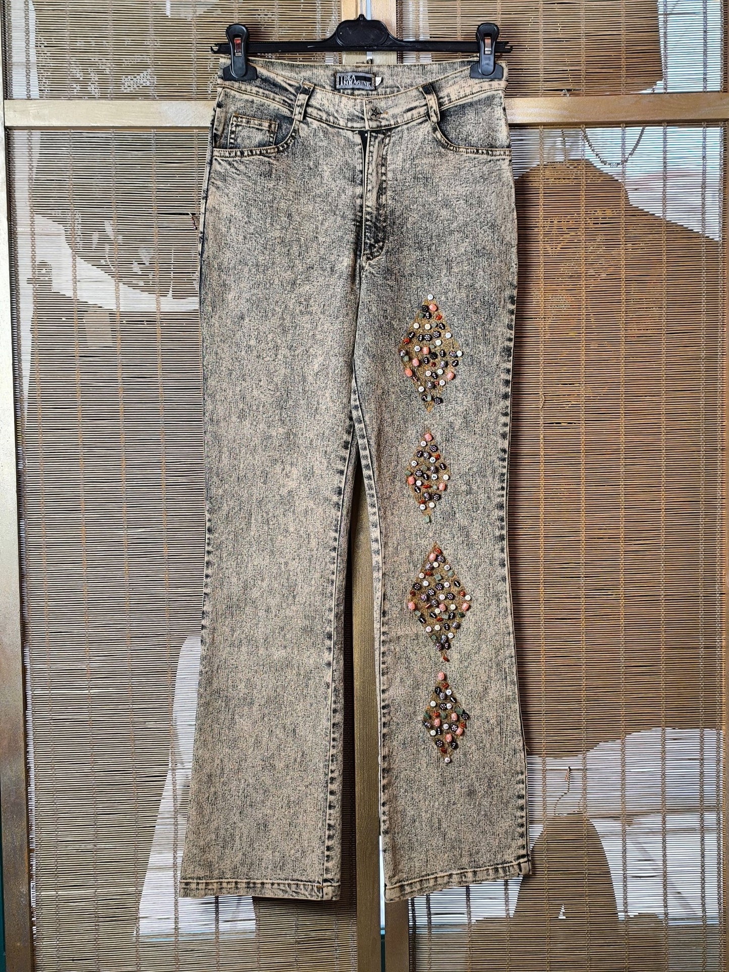Y2K Grey-Blue Acid Wash Beaded Embellished Stretch Flare Jeans – Idea Imagine