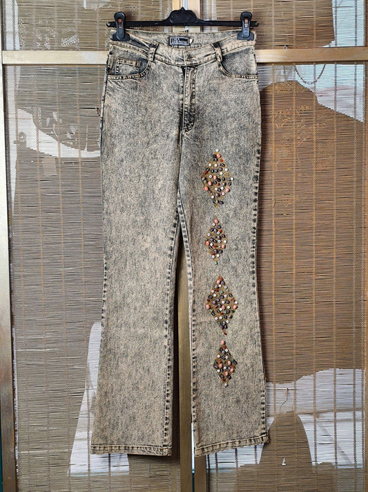 Y2K Grey-Blue Acid Wash Beaded Embellished Stretch Flare Jeans – Idea Imagine