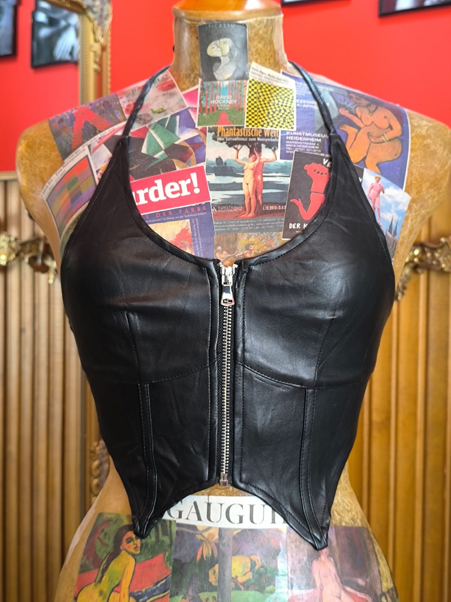 Y2K Tiger Mist Faux Leather Halter Corset Top – Black