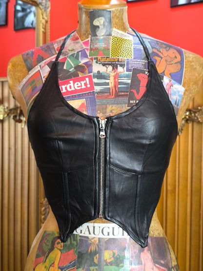 Y2K Tiger Mist Faux Leather Halter Corset Top – Black