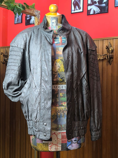 Vintage 80s/early 90s Betty Barclay Women's Grey Genuine Leather Bomber Jacket