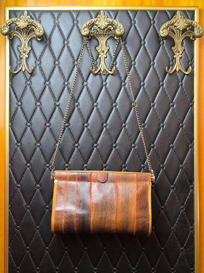 Vintage Leather Python-Style Shoulder Bag with Silver-Tone Chain