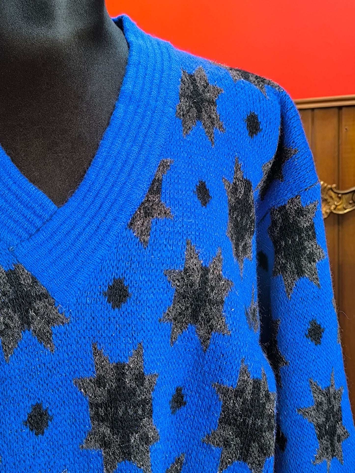Vintage Blue Wool Blend Sweater with Star Pattern