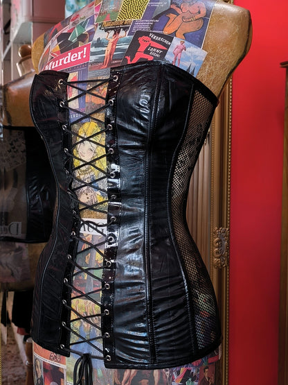 Y2K Black Level Corset Top — PVC & Mesh Lace-Up Design
