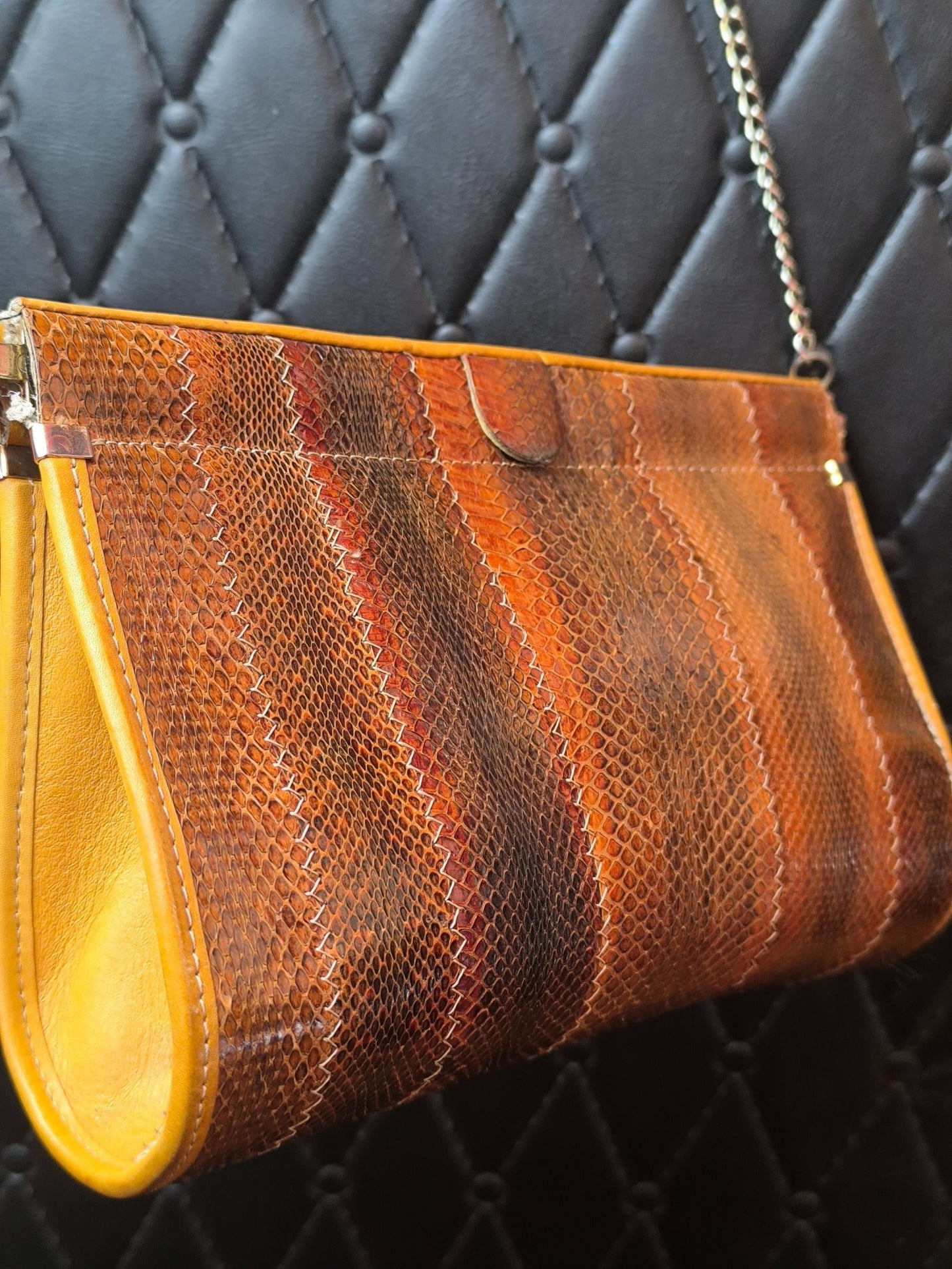 Vintage Leather Python-Style Shoulder Bag with Silver-Tone Chain