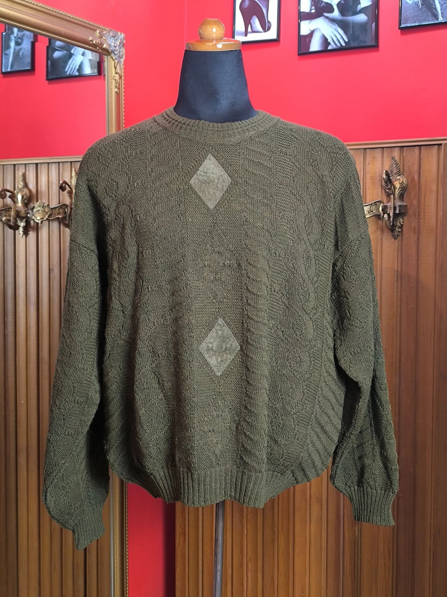 Vintage Italian Wool Blend Sweater – Olive Green Geometric Knit