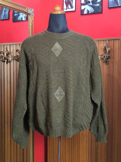 Vintage Italian Wool Blend Sweater – Olive Green Geometric Knit