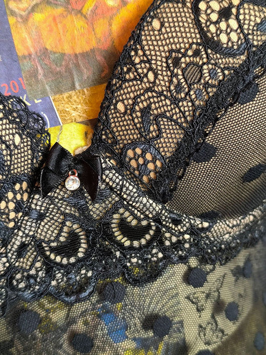 Y2K Bras N Things Sheer Polka Dot Babydoll Lingerie with Lace Detail