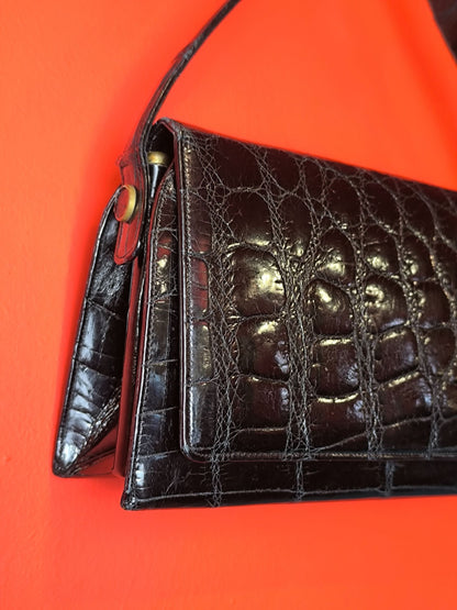 Vintage Comtesse Modell Black Croc-Embossed Leather Handbag | 1950s–60s