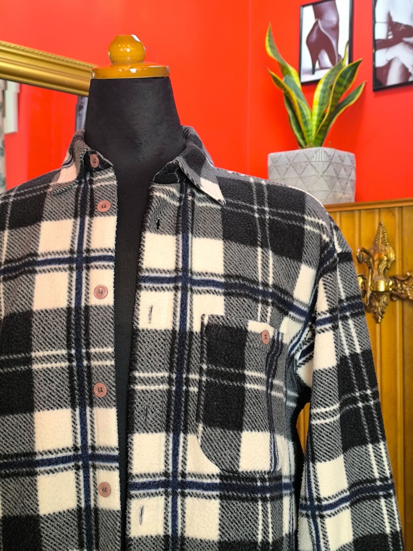Vintage George G. Italian Check Fleece Shirt – Black, White & Blue