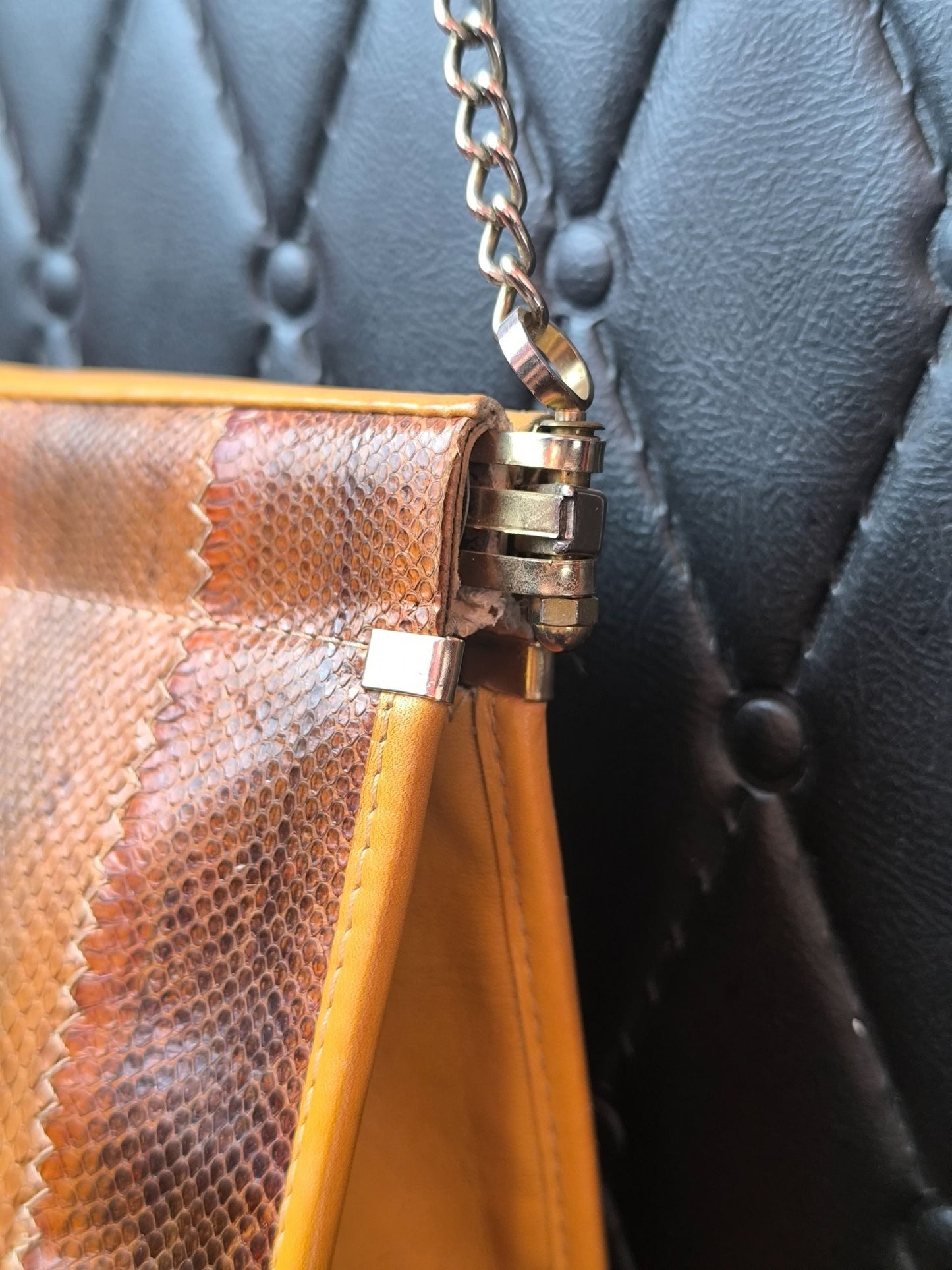 Vintage Leather Python-Style Shoulder Bag with Silver-Tone Chain