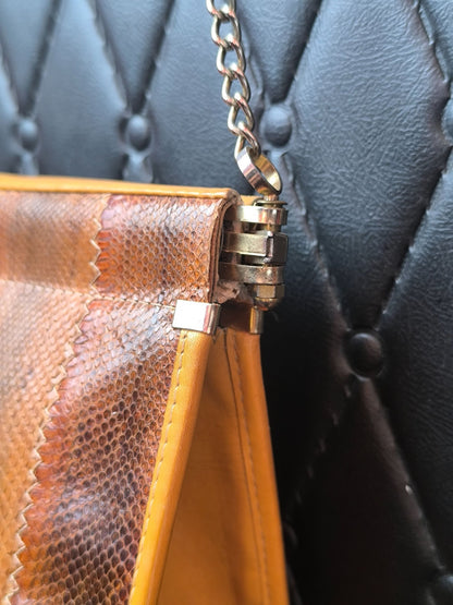Vintage Leather Python-Style Shoulder Bag with Silver-Tone Chain