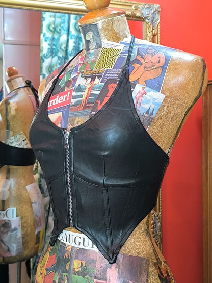 Y2K Tiger Mist Faux Leather Halter Corset Top – Black