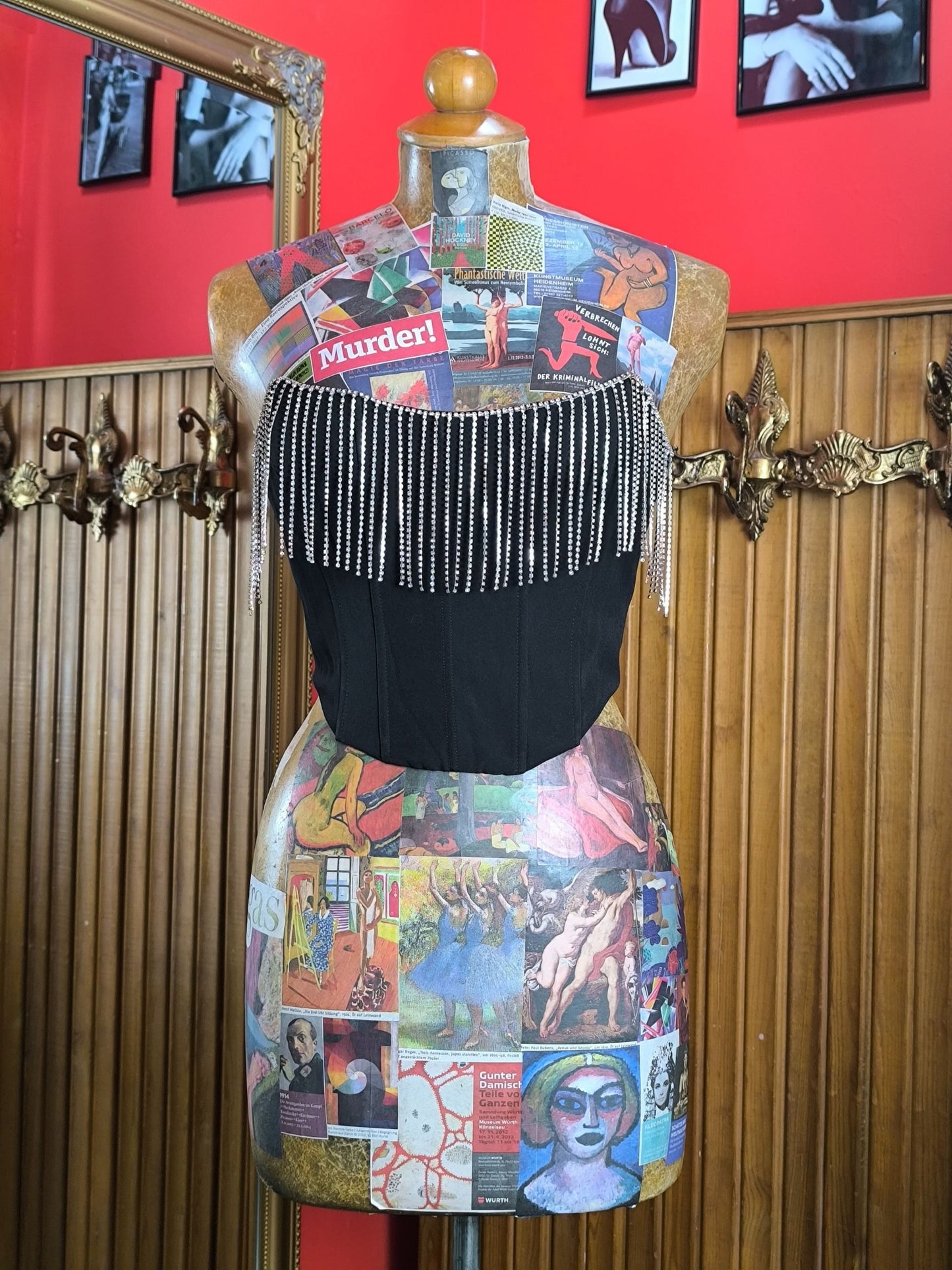 White Fox Black Corset Top with Rhinestone Fringe