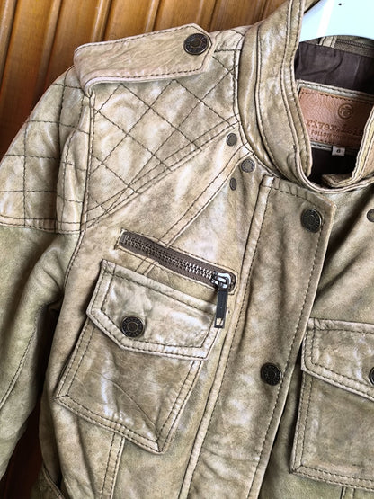 River Island Y2K Real Leather Biker Jacket – Beige Distressed – UK 8 / EU 34 /Small